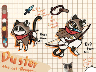 A reference sheet of a black and white anthropomorphic cat named duster, kitted with a ranger's gear. A reference sheet of a black and white anthropomorphic cat named duster, kitted with a ranger's gear.