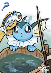 A vaporeon pleads to a fisherman to give them their wishiwashi fish A vaporeon pleads to a fisherman to give them their wishiwashi fish