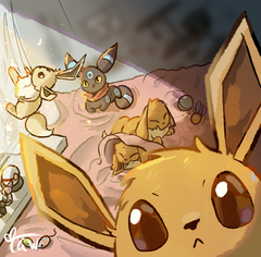 Many eevees creating mischief around a bed while a parent umbreon looks after them Many eevees creating mischief around a bed while a parent umbreon looks after them