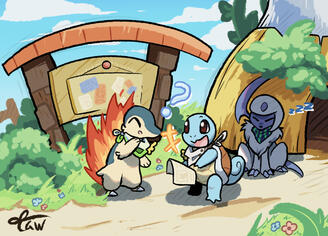 A cyndaquil and squirtle checking out a bulletin board of missions by a pelipper post office while an absol sits around waiting and dozing off.