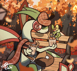 Calm, autumn vibe of a Flygon and a Flapple sharing a hot cocoa on a park bench Calm, autumn vibe of a Flygon and a Flapple sharing a hot cocoa on a park bench