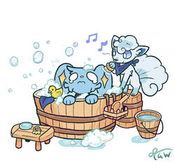 A shinx is bathed in a wooden bathtub surrounded by bathing necessities while an alolan vulpix brushes them in soapy bubbles
