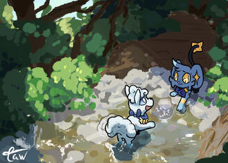 An alolan vulpix and shinx exploring a stream. The shinx is afraid of entering the water while the vulpix gently encouraged them.