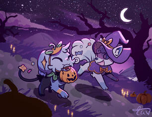 A bright, cheery trick-or-treating adventure through a purple landscape featuring a witch alolan vulpix and a pumpkin shinx A bright, cheery trick-or-treating adventure through a purple landscape featuring a witch alolan vulpix and a pumpkin shinx