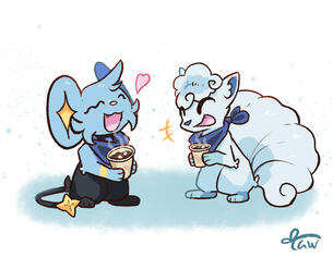A shinx and alolan vulpix drinking hot cocoa together