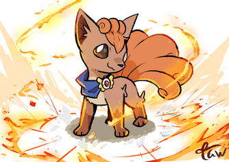 A vulpix surrounded by its own fire, striking a snarky but epic pose.